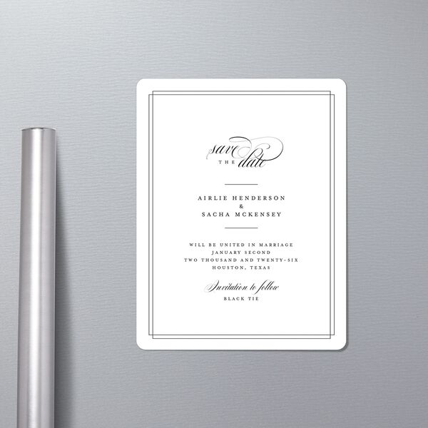 Classic Black Tie Save The Date Magnets in-situ in White
