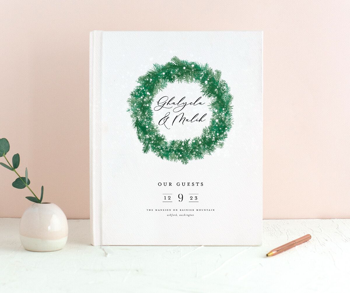 Snowy Wreath Wedding Guest Book front in green
