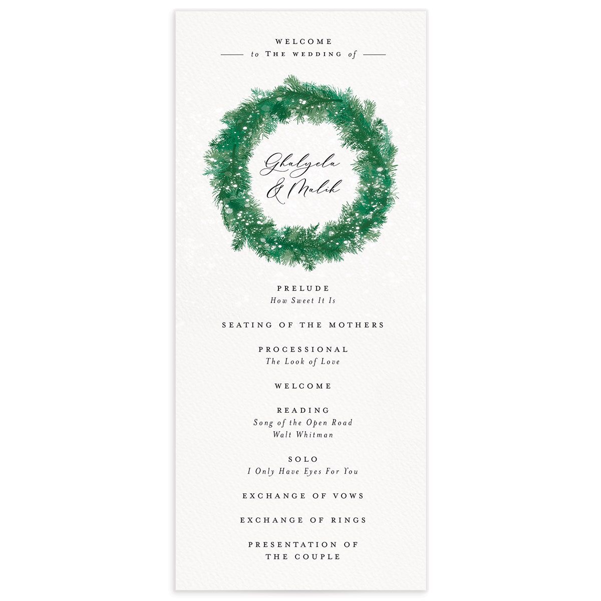 Snowy Wreath Wedding Programs front in green