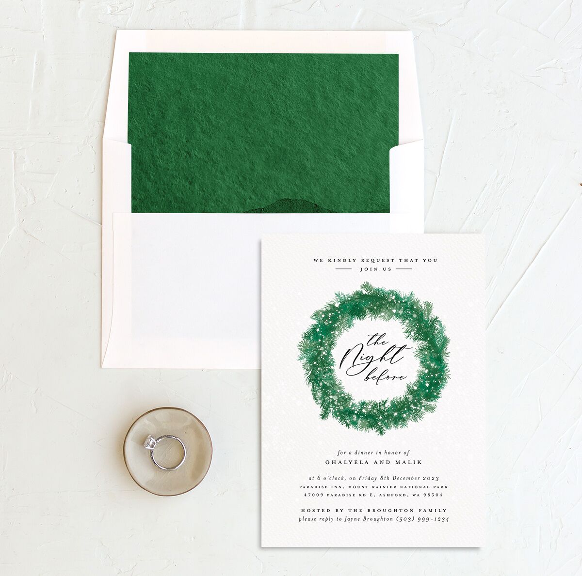 Snowy Wreath Rehearsal Dinner Invitations envelope-and-liner in green