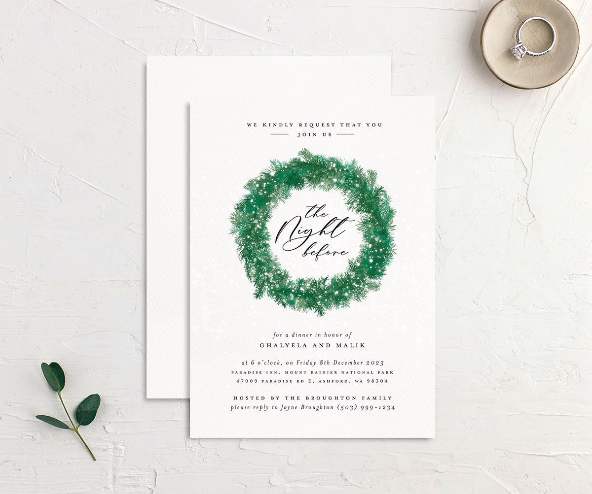 Snowy Wreath Rehearsal Dinner Invitations front-and-back in green