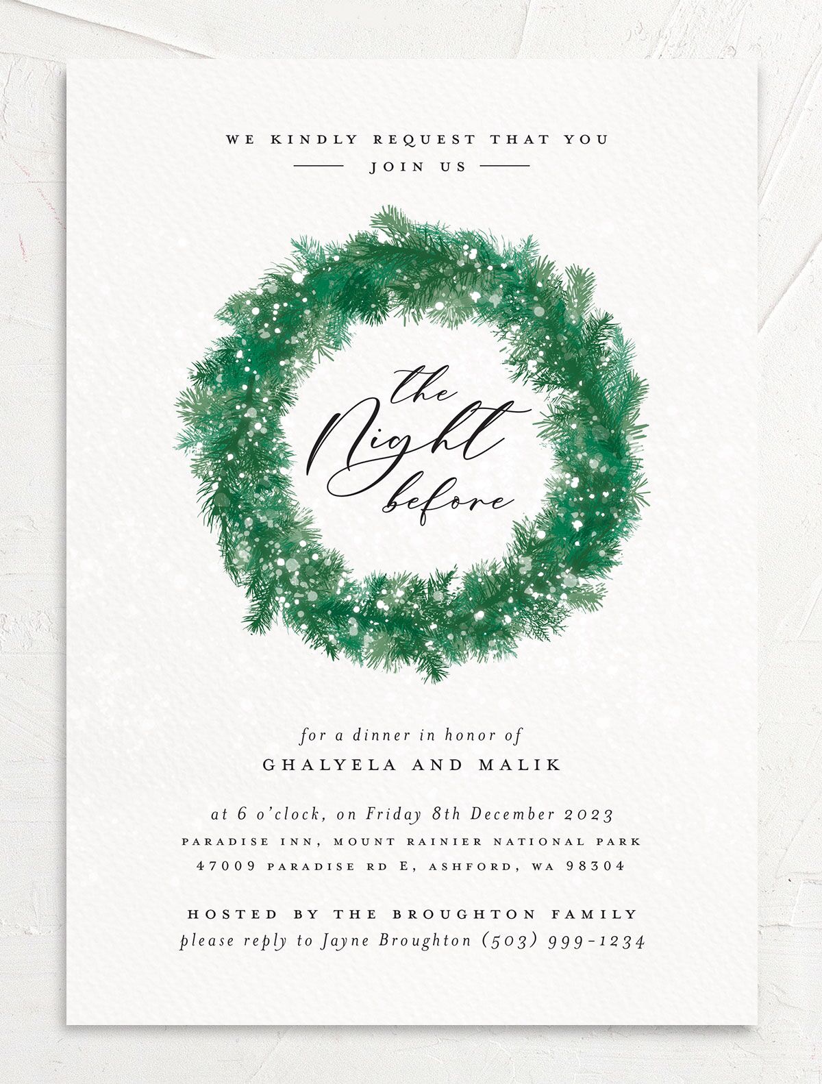 Snowy Wreath Rehearsal Dinner Invitations front in green