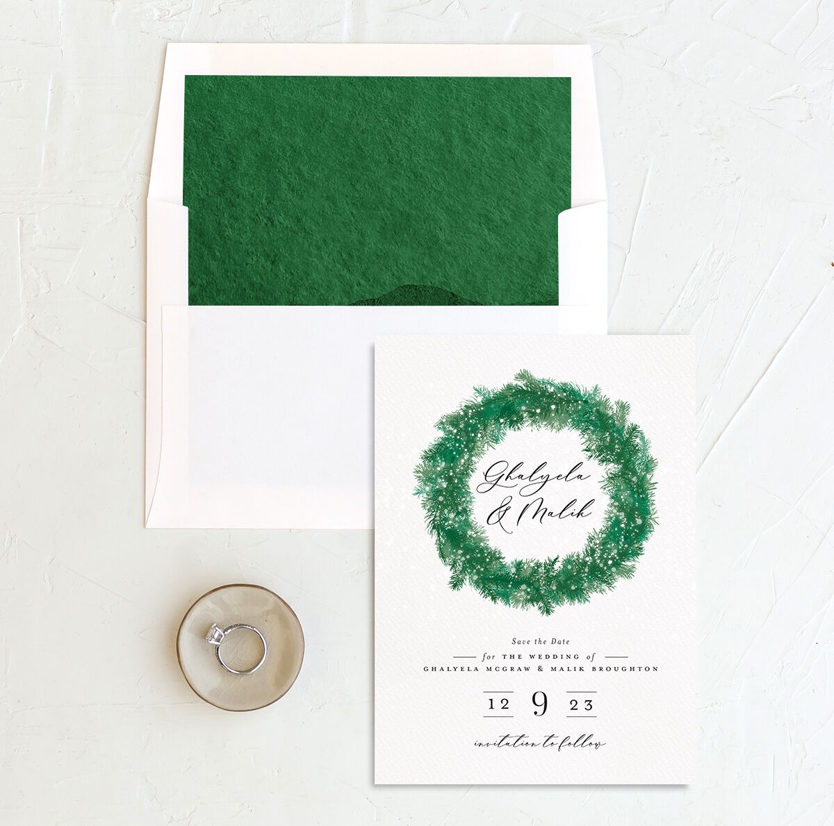 Snowy Wreath Save The Date Cards envelope-and-liner in green