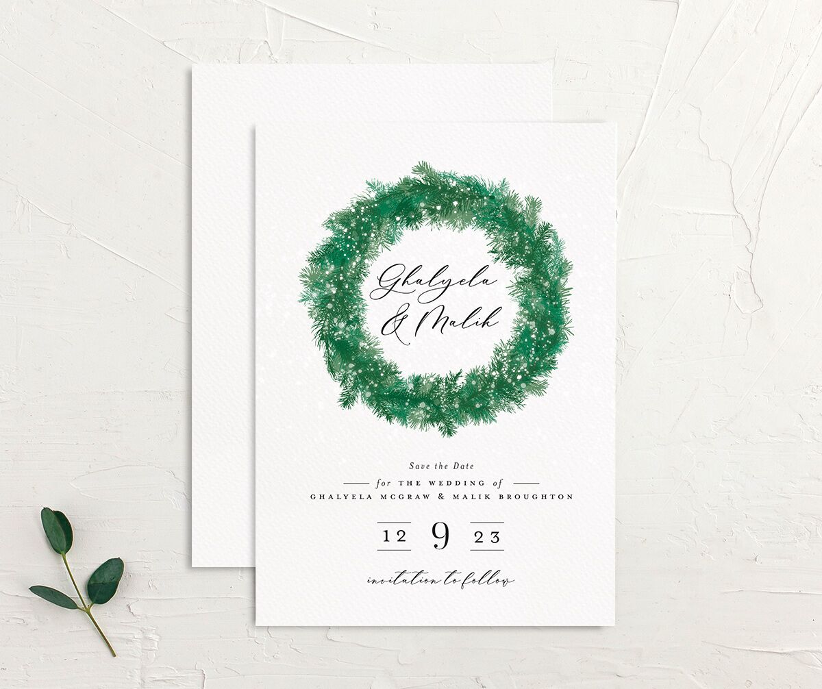 Snowy Wreath Save The Date Cards front-and-back in green