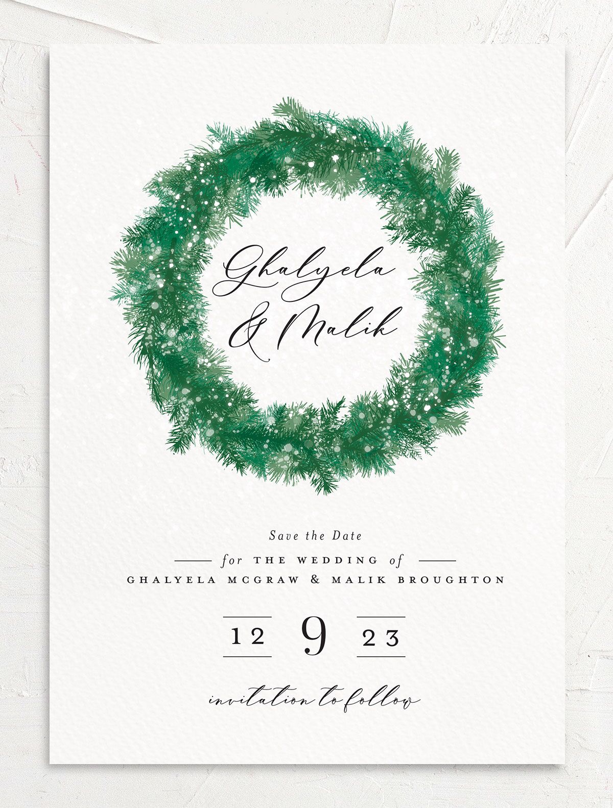 Snowy Wreath Save The Date Cards front in green