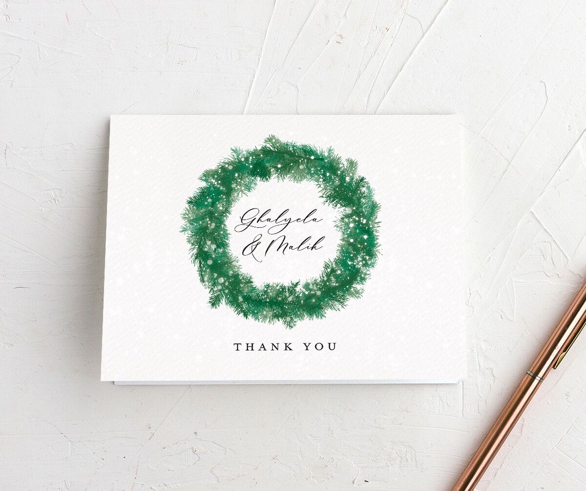 Snowy Wreath Thank You Cards front in green