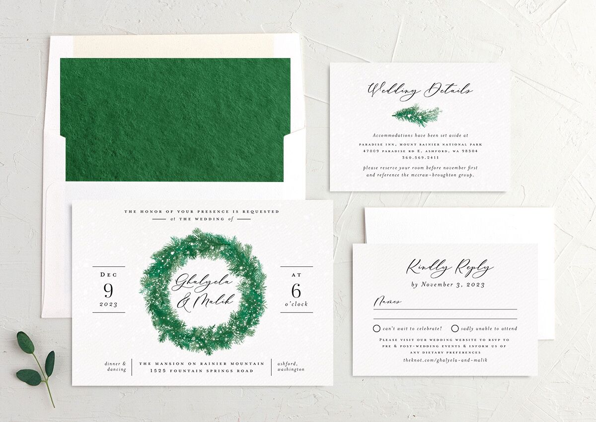 Snowy Wreath Wedding Invitations suite in green