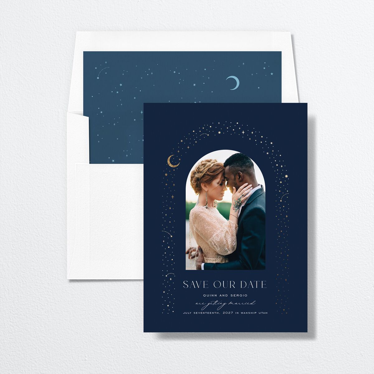 Celestial Arch Save The Date Cards Gold Navy Signature smooth No