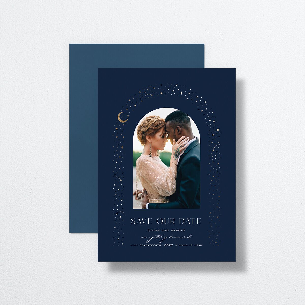 Celestial Arch Save The Date Cards Gold Navy Signature smooth No