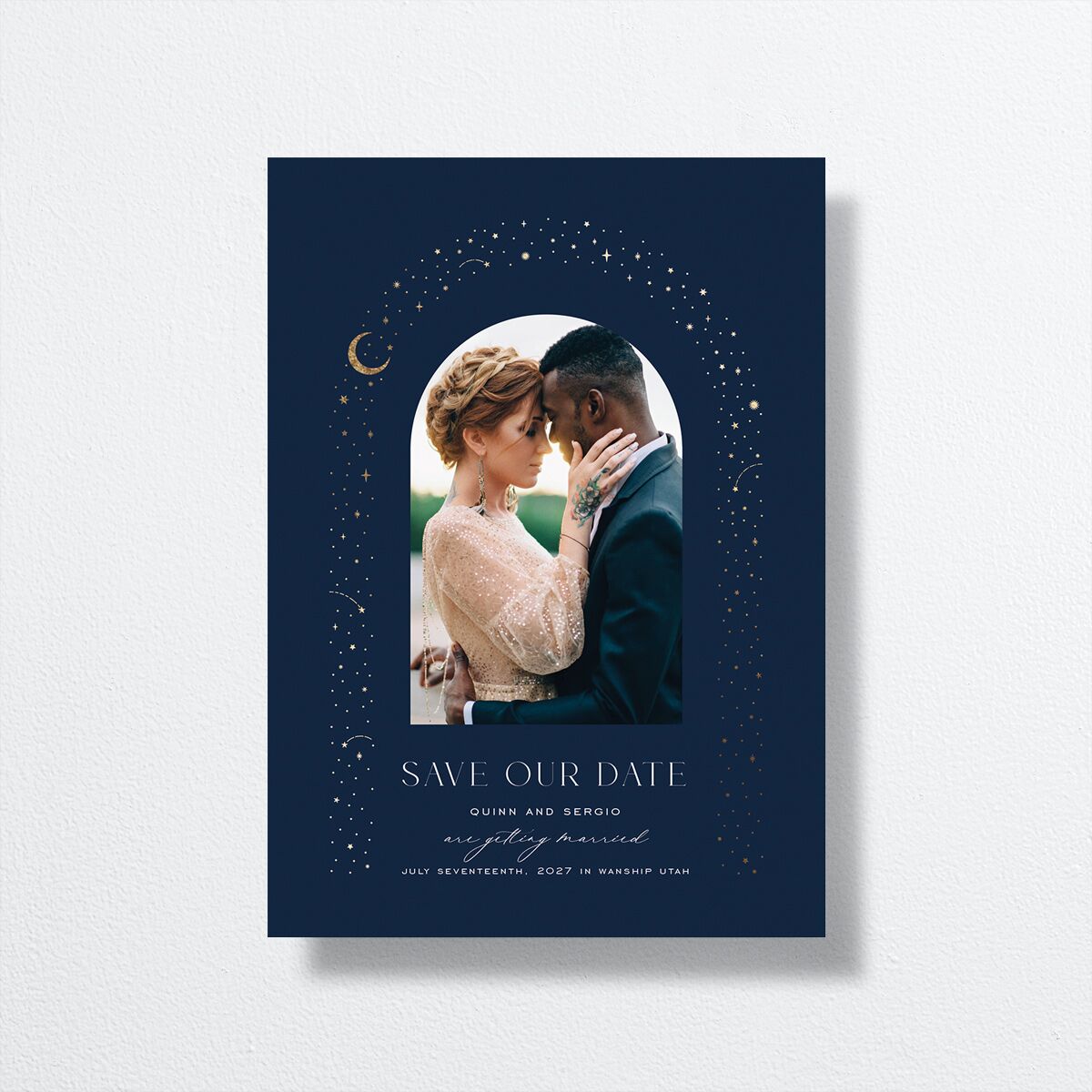 Celestial Arch Save The Date Cards Gold Navy Signature smooth No