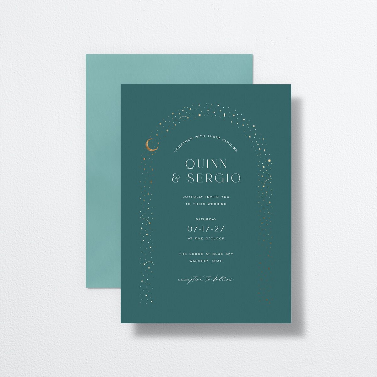 Celestial Arch Wedding Invitations front-and-back in teal
