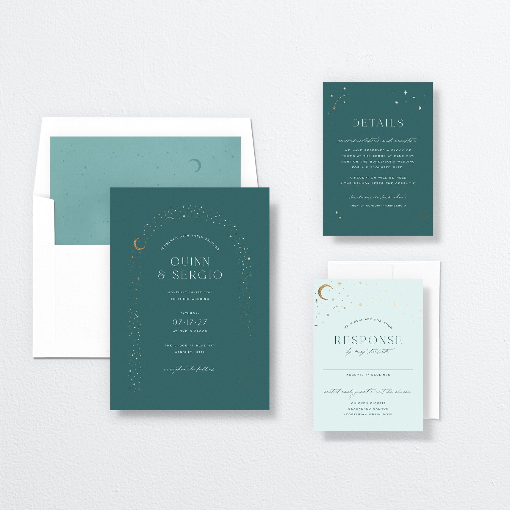 Celestial Arch Wedding Invitations suite in teal