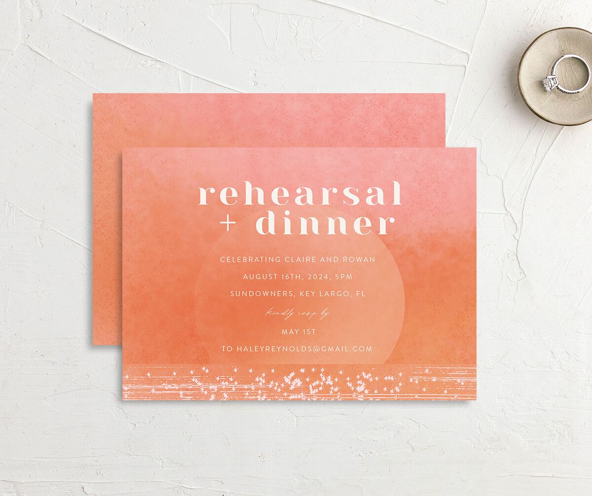 Sparkling Tropics Rehearsal Dinner Invitations front-and-back in pink
