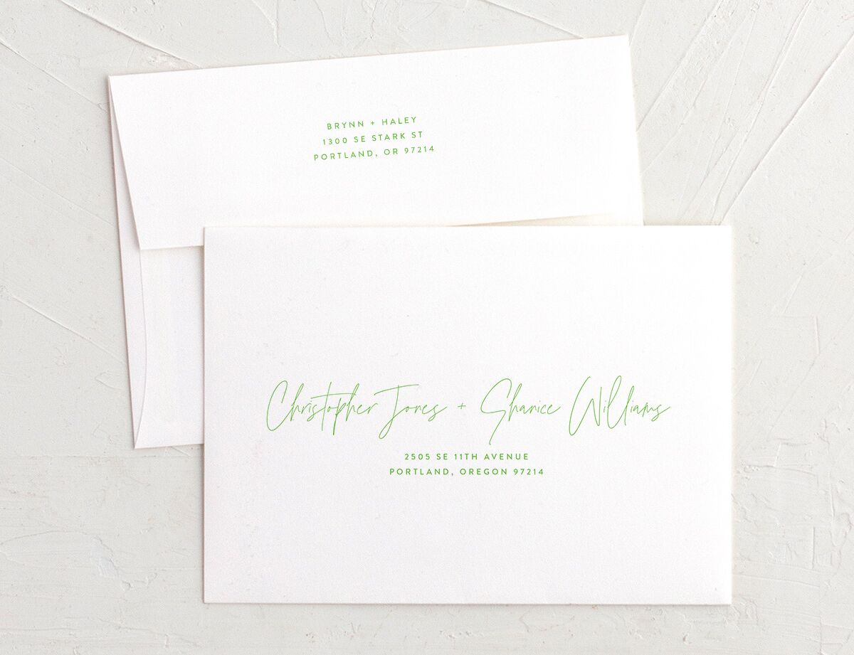 Bright Blooms Save The Date Card Envelopes White Green Apple Both Recipient and Return Addresses Signature Standard