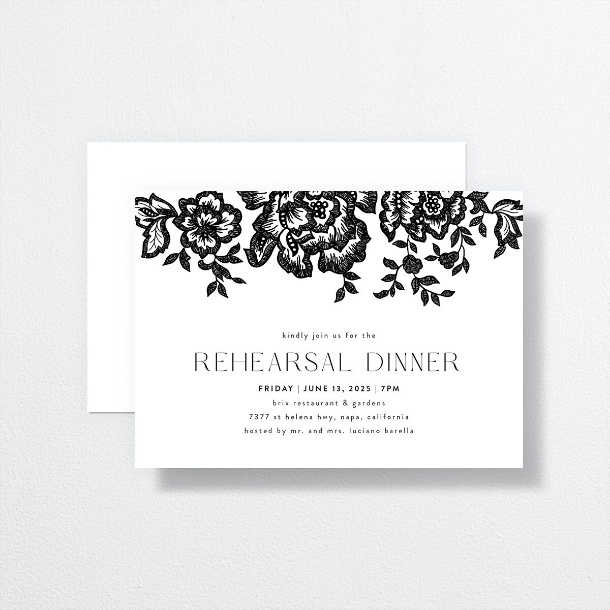 Etched Florals Rehearsal Dinner Invitations by Vera Wang front-and-back in Black