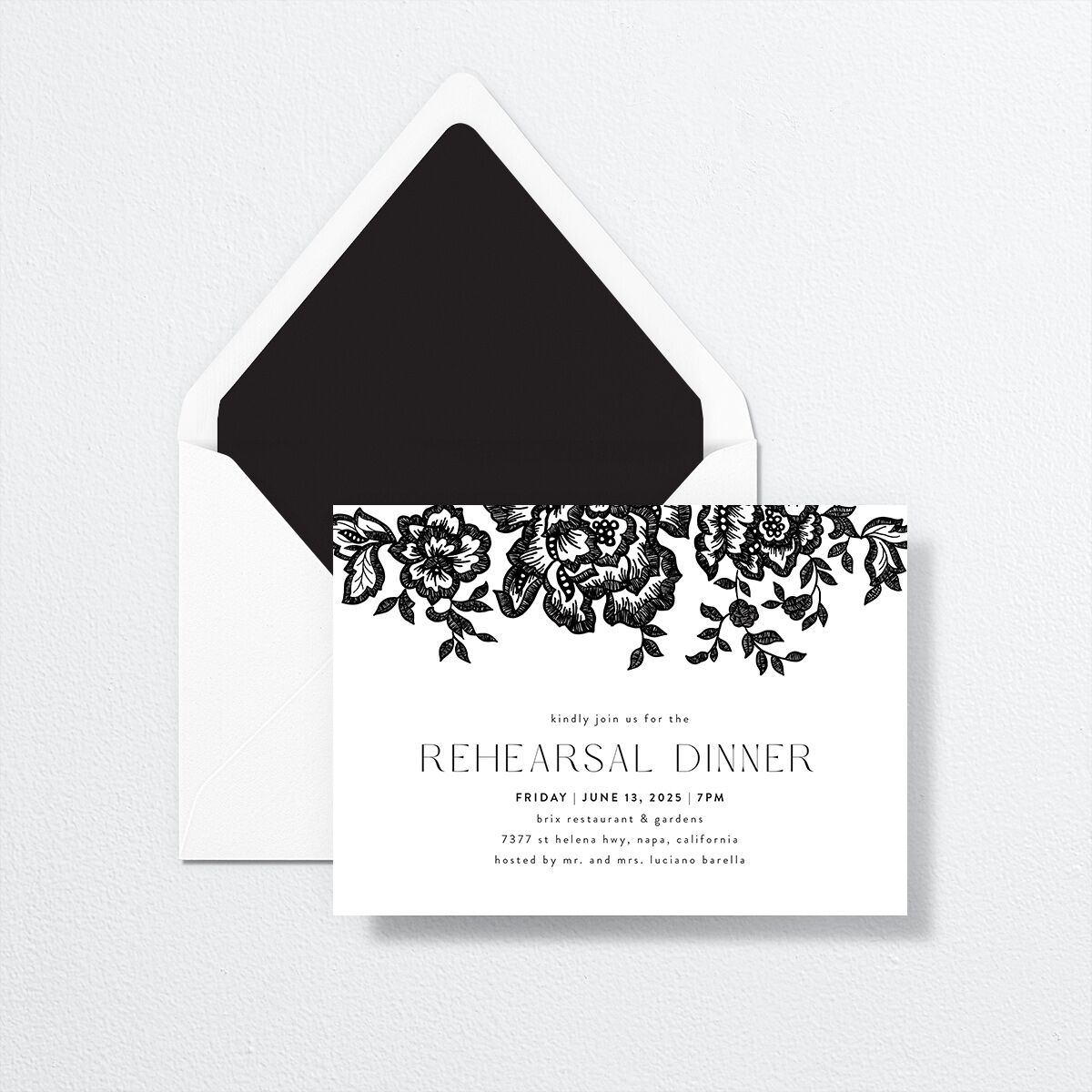 Etched Florals Rehearsal Dinner Invitations by Vera Wang Midnight Signature
