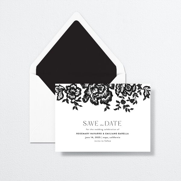 Etched Florals Save The Date Cards by Vera Wang envelope-and-liner in Black
