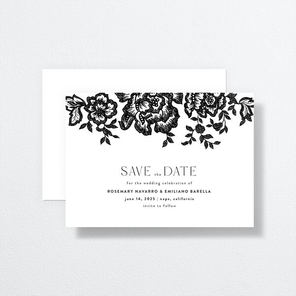 Etched Florals Save The Date Cards by Vera Wang front-and-back in Black