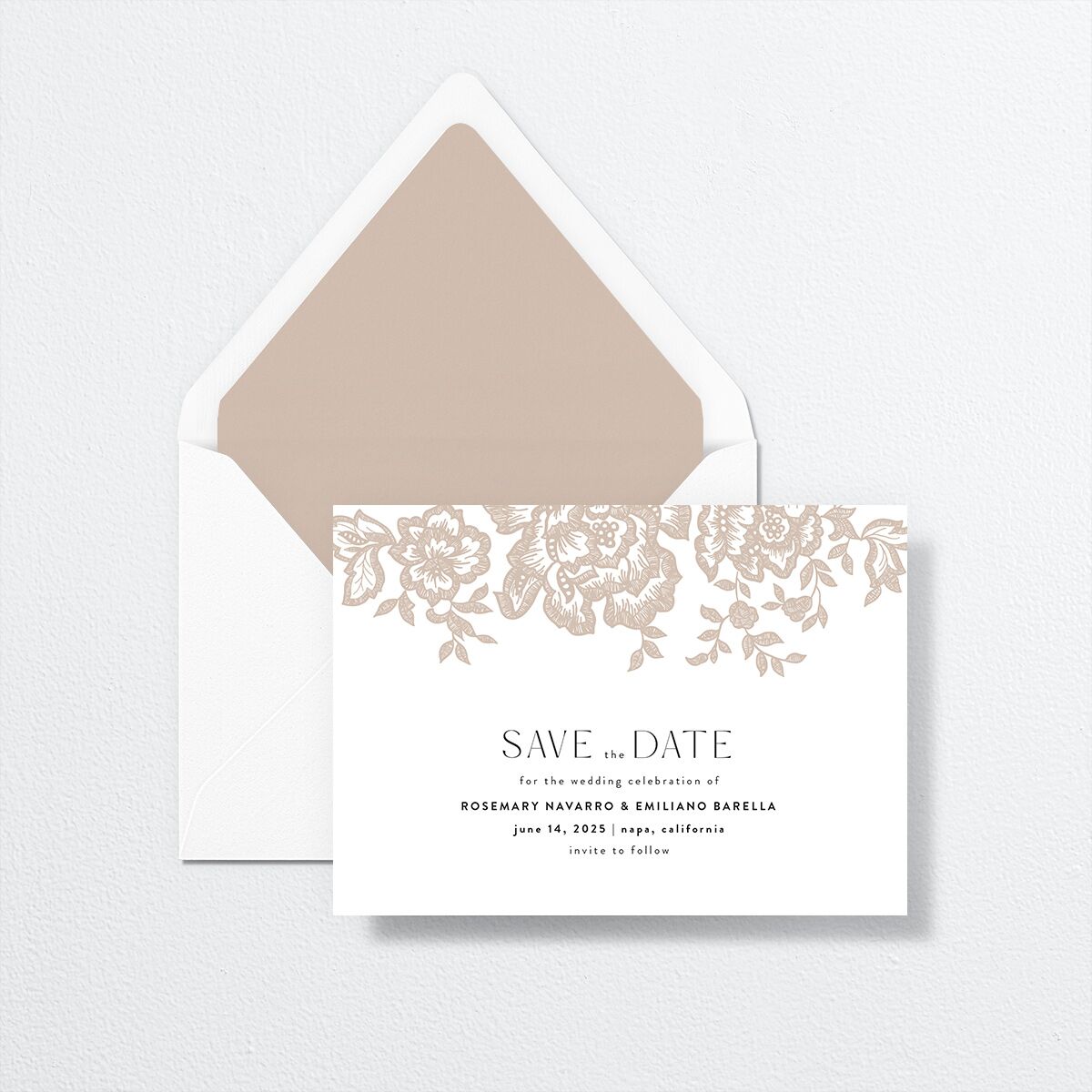 Etched Florals Save The Date Cards by Vera Wang envelope-and-liner in cream