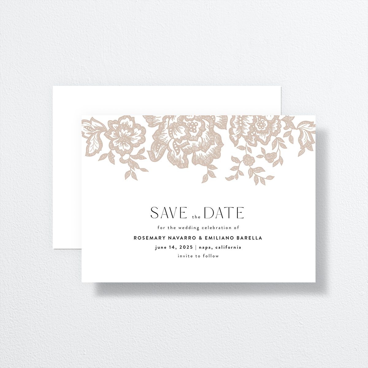 Etched Florals Save The Date Cards by Vera Wang front-and-back in cream