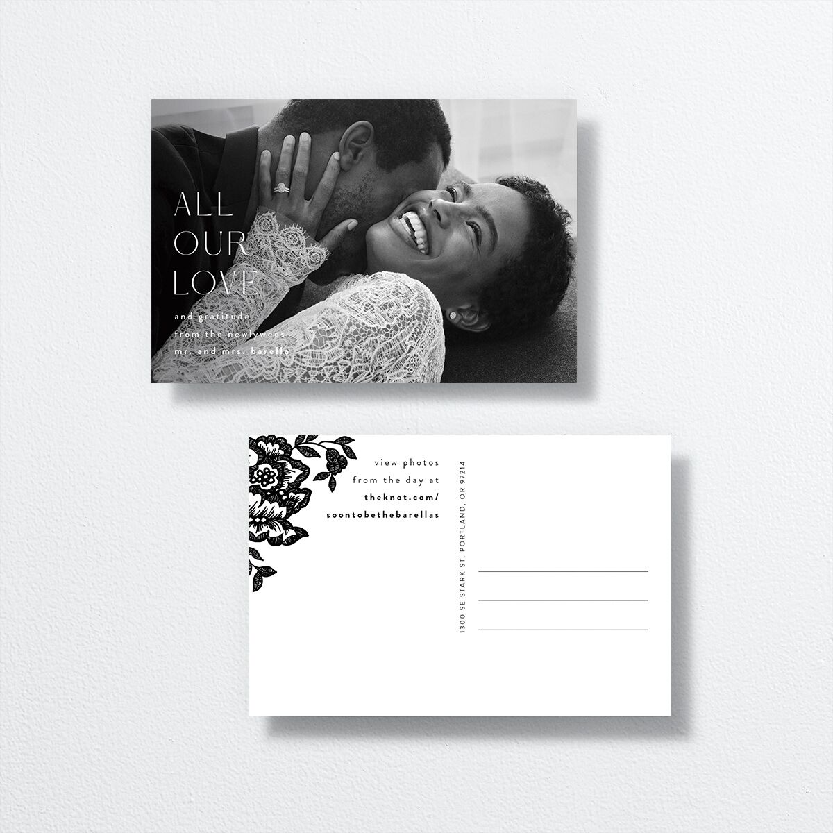 Etched Florals Thank You Postcards by Vera Wang front-and-back in Black