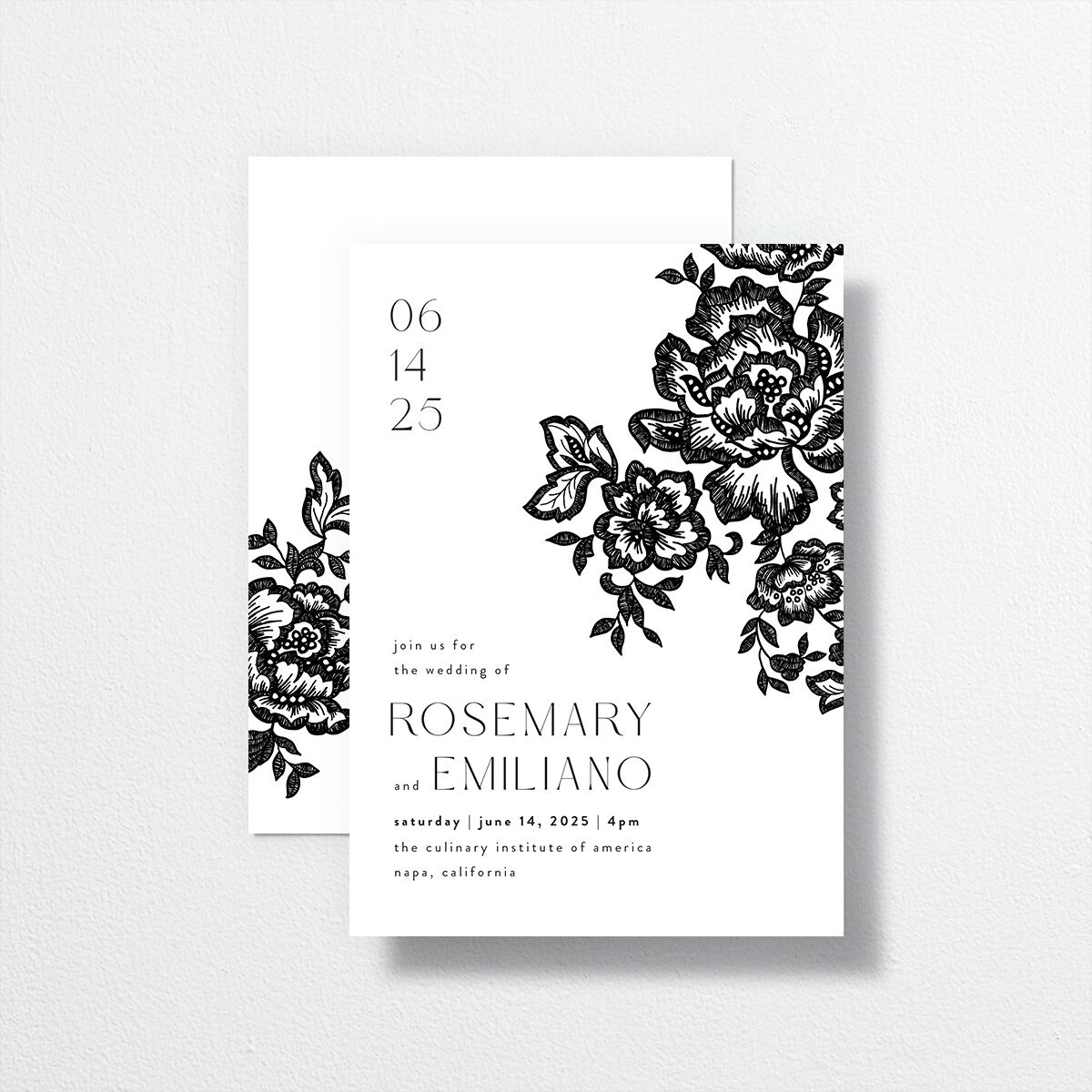Etched Florals Wedding Invitations by Vera Wang front-and-back in Black