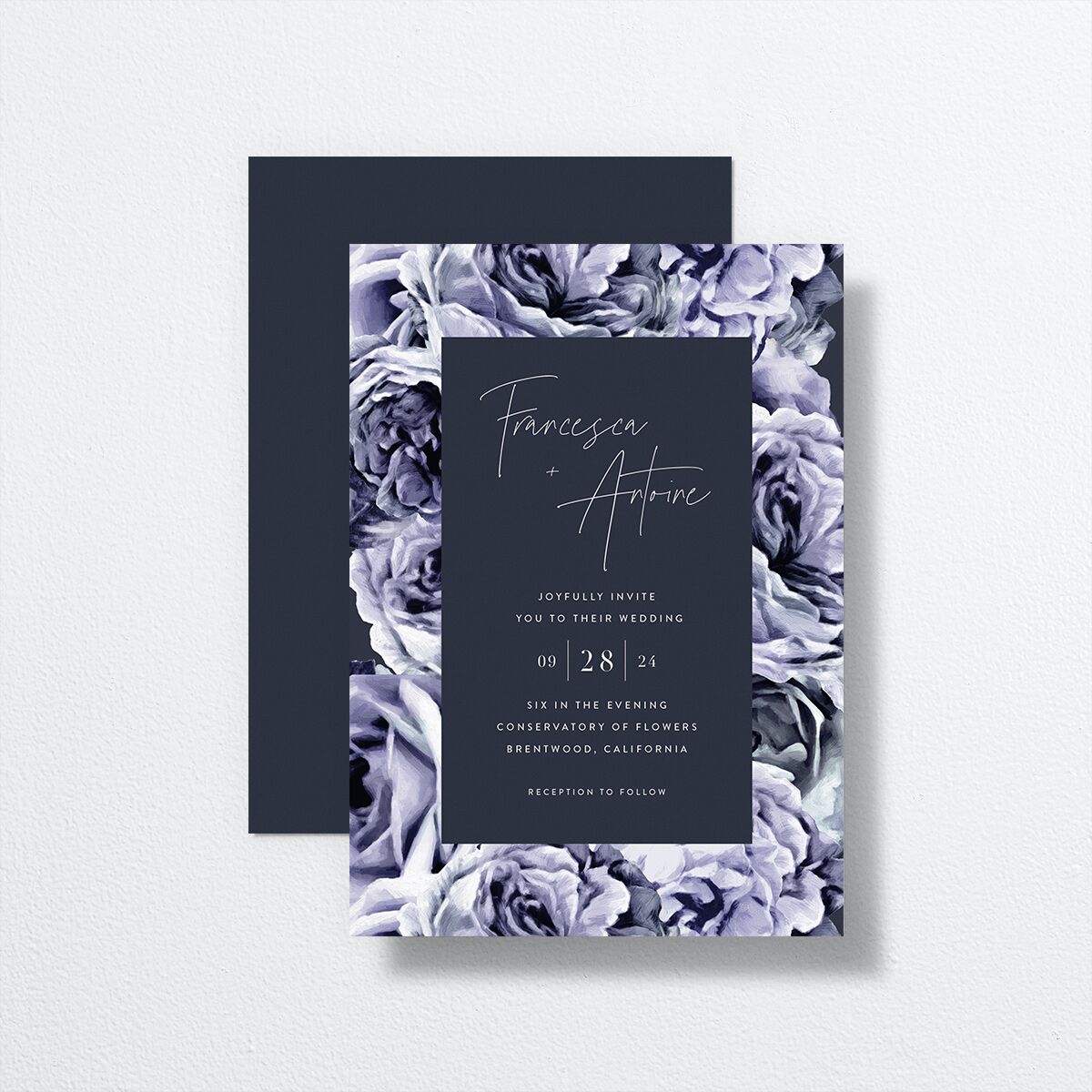 Rose Garden Wedding Invitations by Vera Wang front-and-back in blue