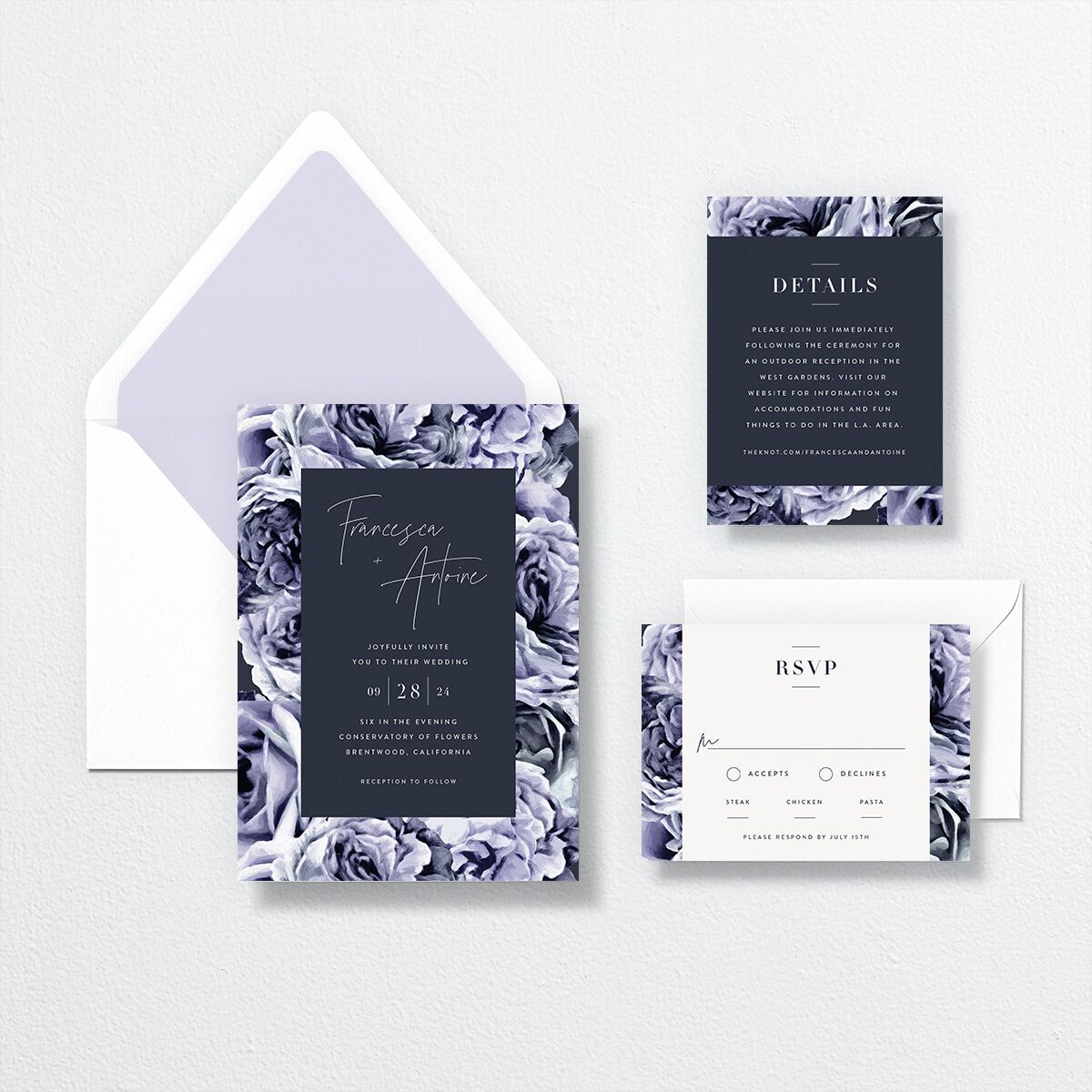 Rose Garden Wedding Invitations by Vera Wang suite in blue
