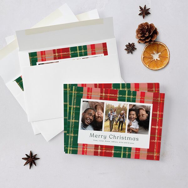Sparkling Plaid Holiday Cards Gold Dark Green Signature Blank Standard Landscape