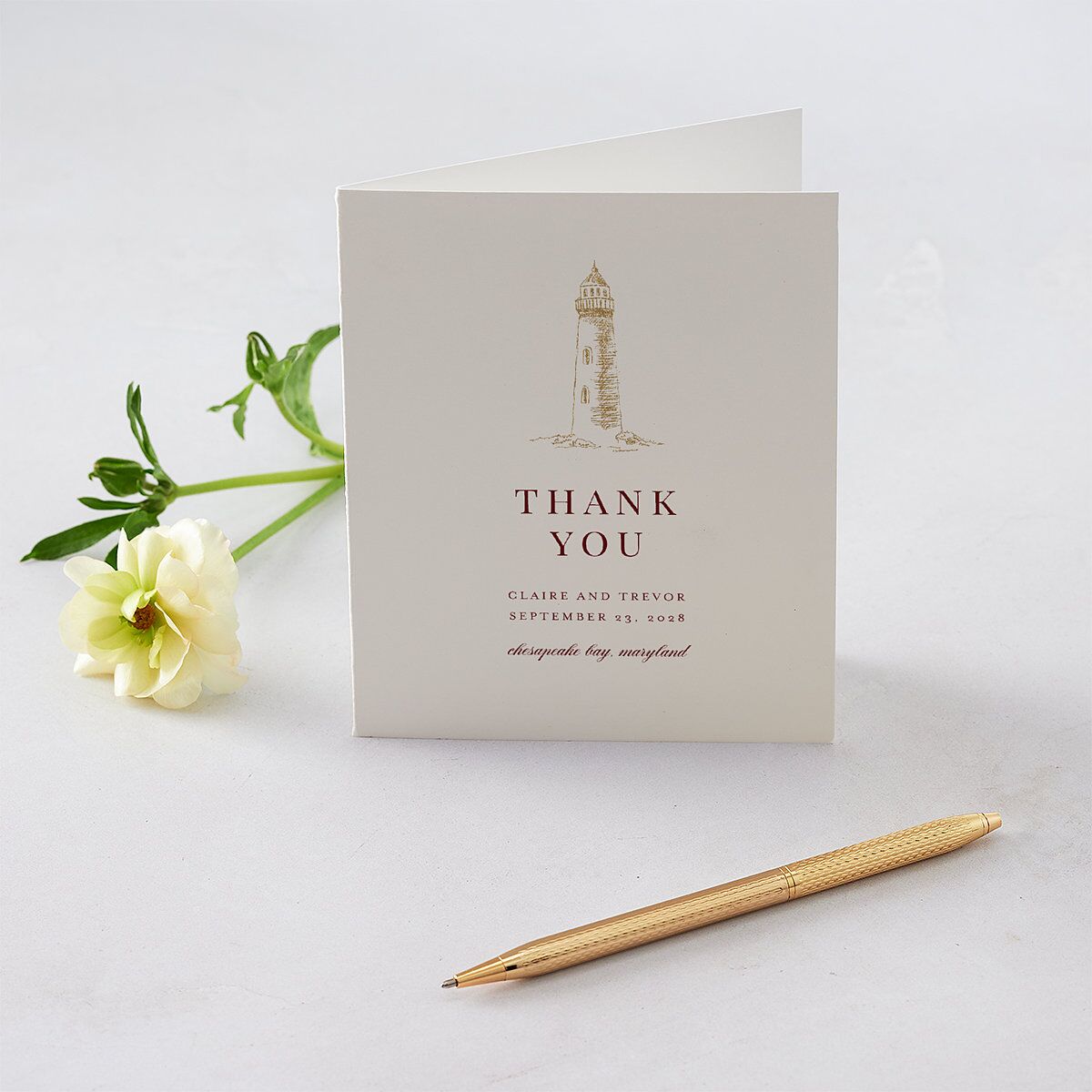 Elegant Lighthouse Foil Thank You Cards Gold Maroon