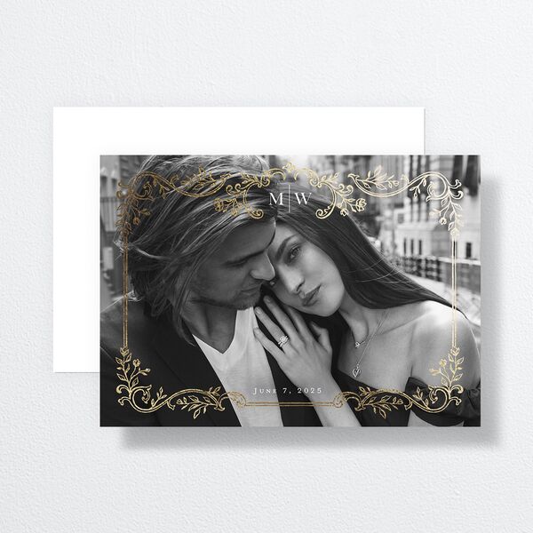 Opulences Save The Date Cards by Vera Wang Gold Pure White Signature smooth No Standard