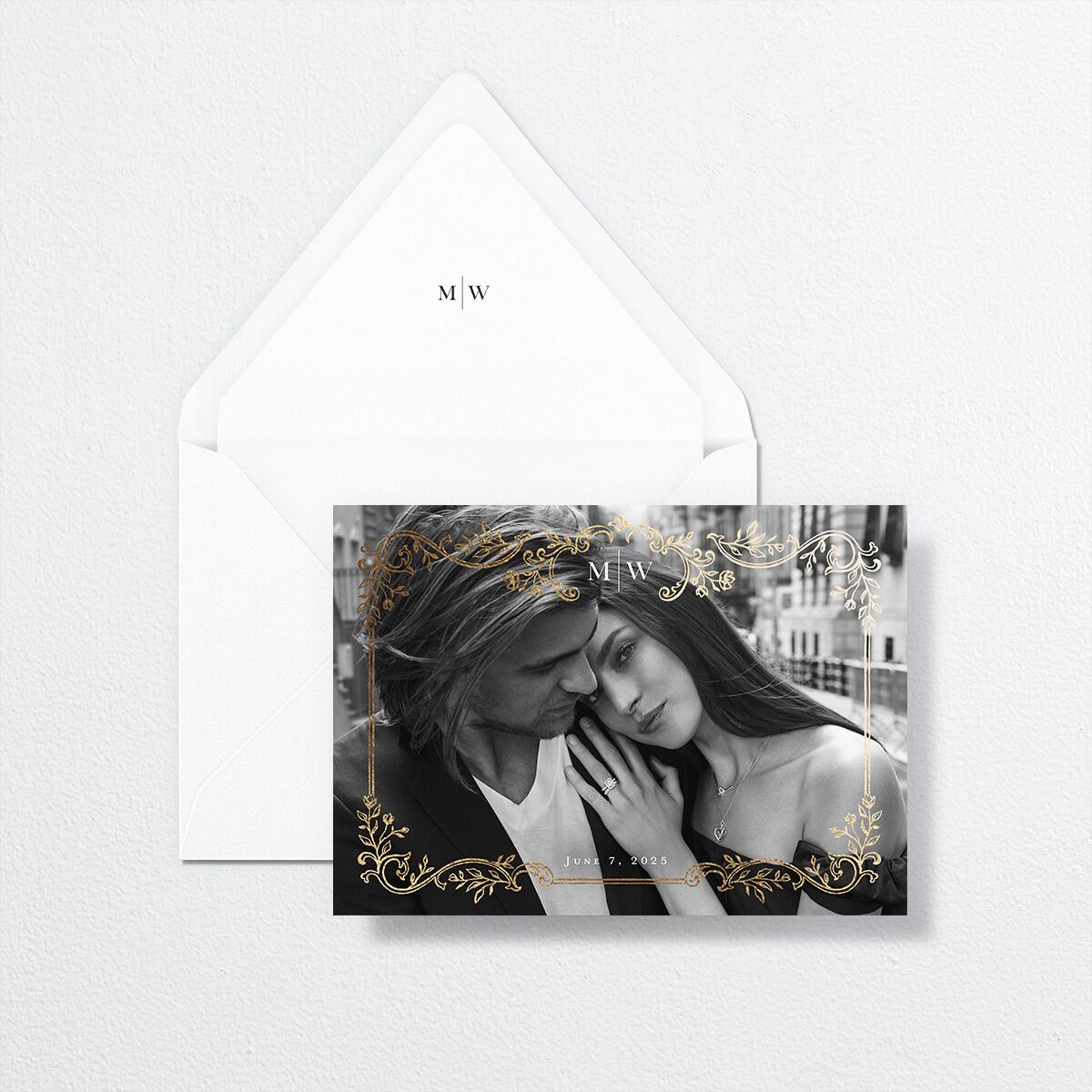 Opulences Save The Date Cards by Vera Wang envelope-and-liner in white