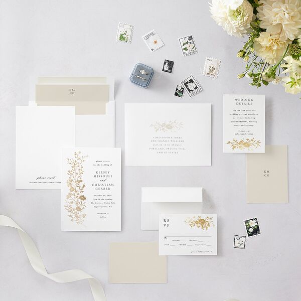 Gilded Wildflower Wedding Invitations Gold Pure White Signature Blank No Standard