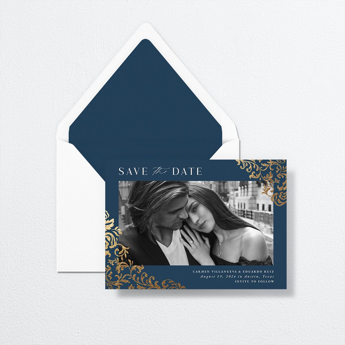 Bolero Save The Date Cards by Vera Wang envelope-and-liner in blue