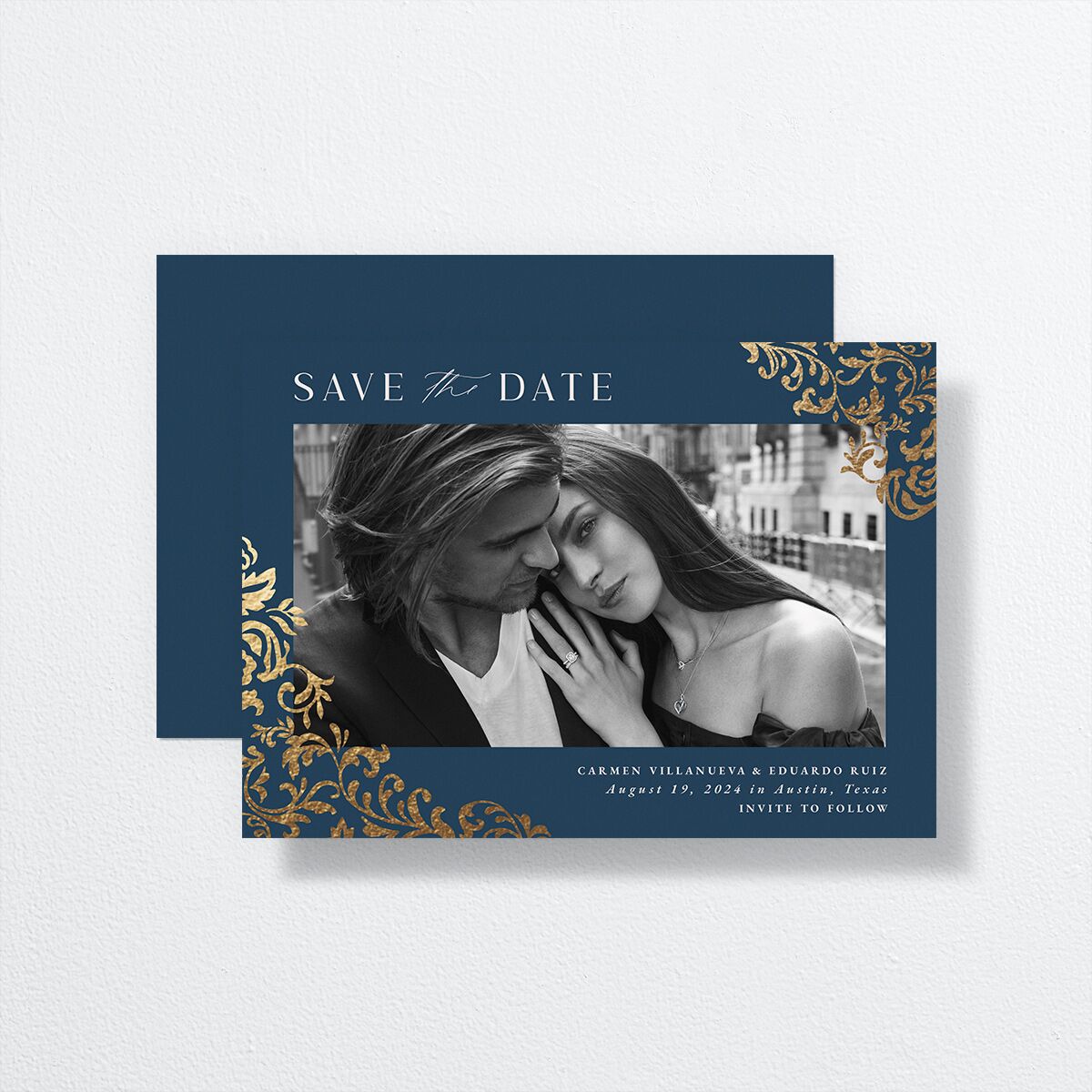 Bolero Save The Date Cards by Vera Wang front-and-back in blue