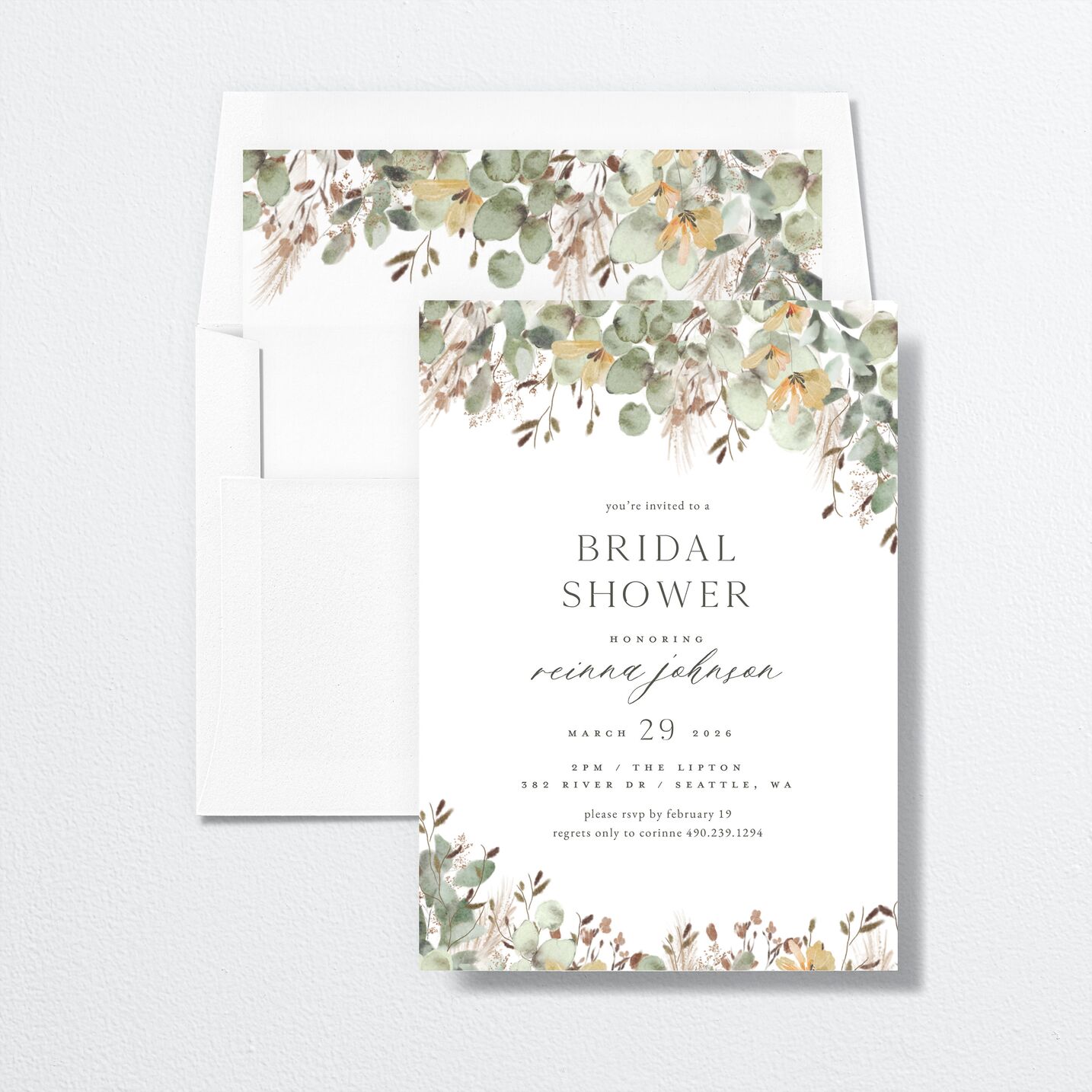 Eucalyptus Edges Bridal Shower Invitations envelope-and-liner in white