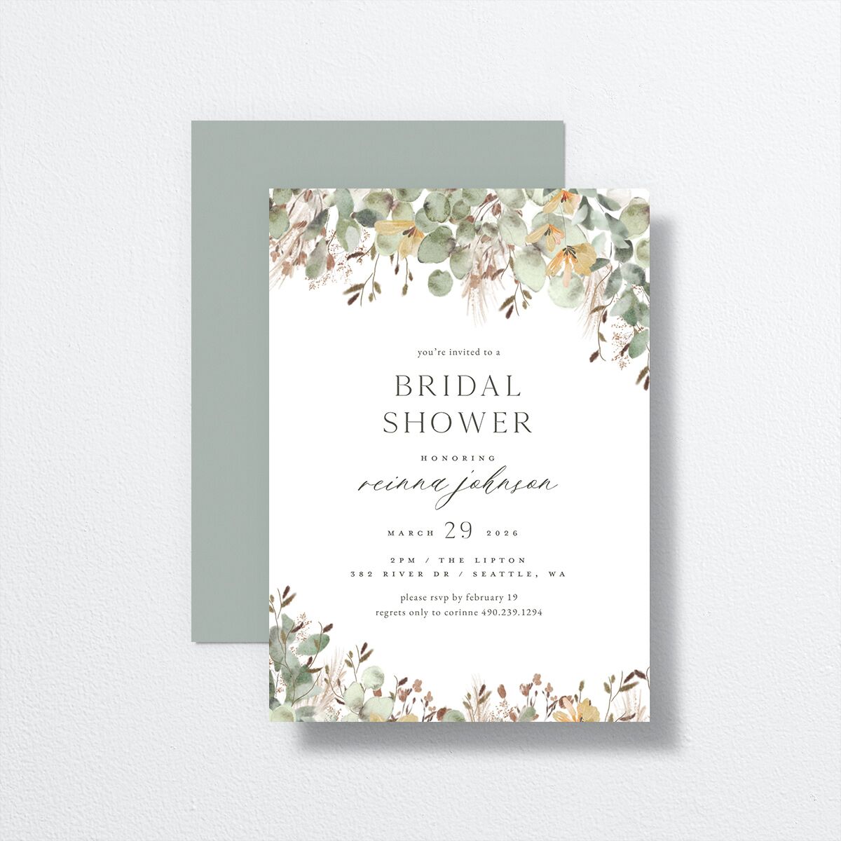 Eucalyptus Edges Bridal Shower Invitations front-and-back in white