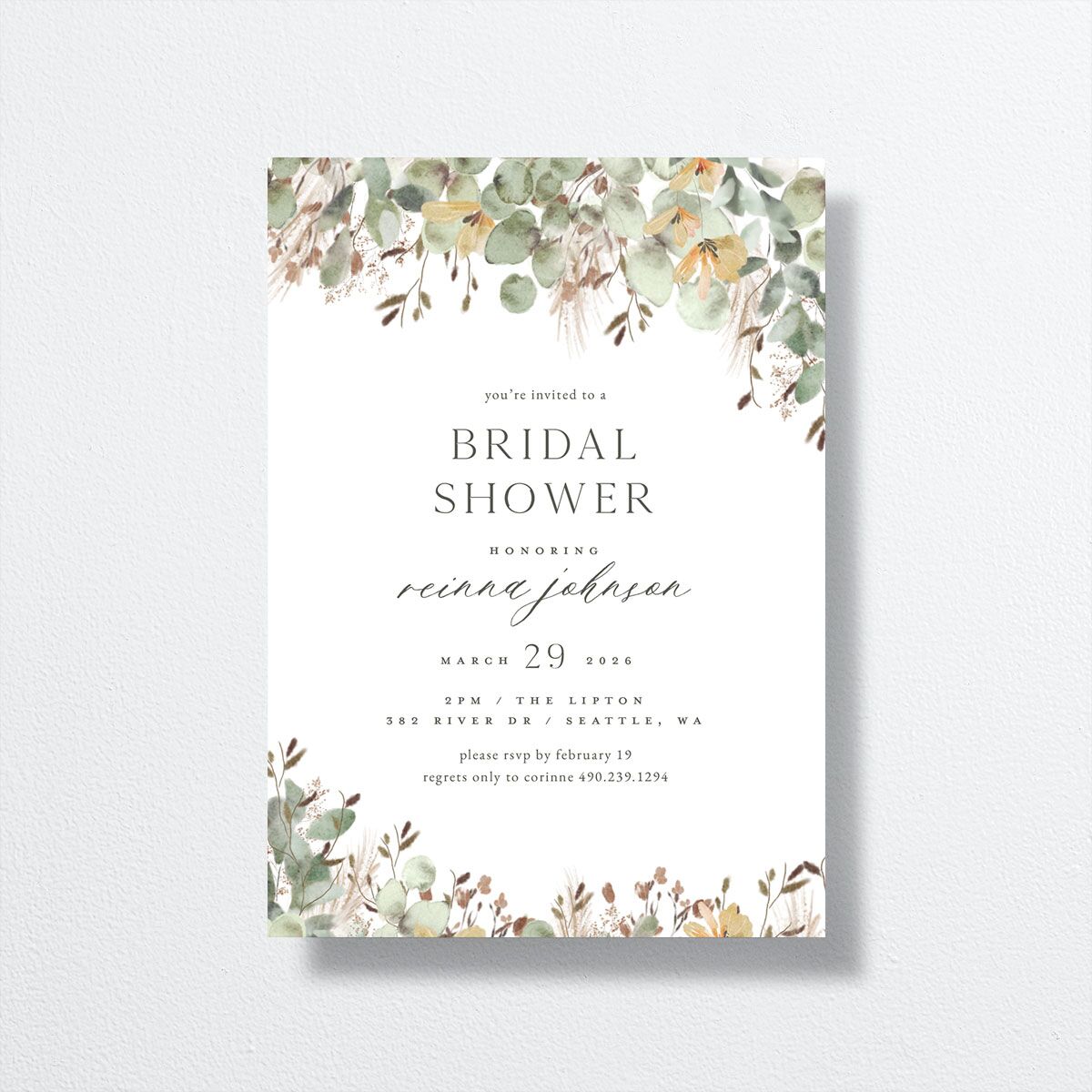 Eucalyptus Edges Bridal Shower Invitations front in white