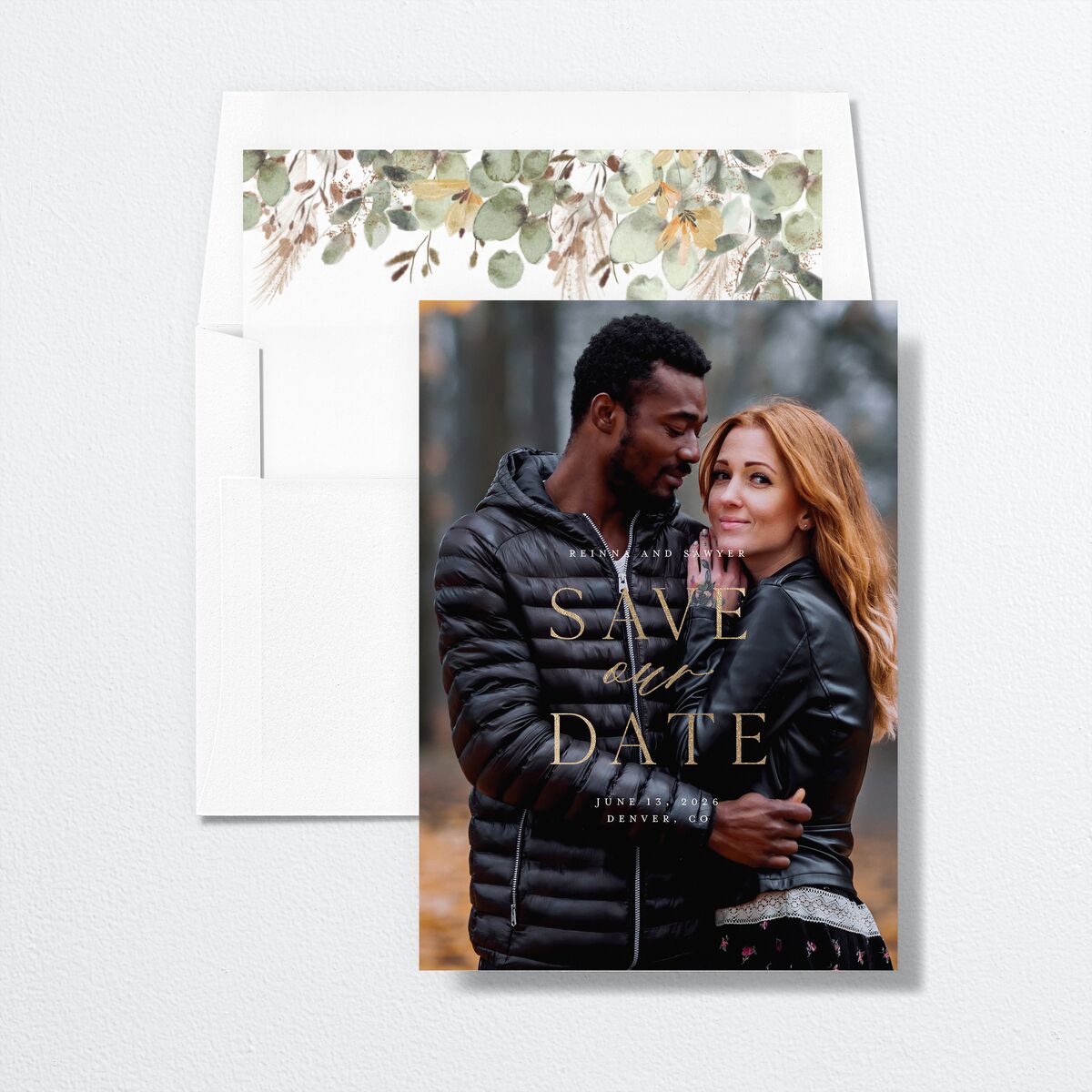 Eucalyptus Edges Save the Date Cards Gold Pure White Signature smooth No