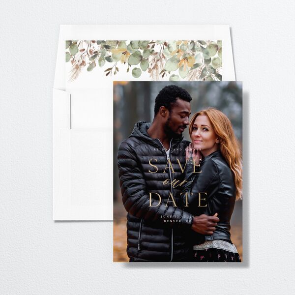 Eucalyptus Edges Save the Date Cards Gold Pure White Signature smooth No