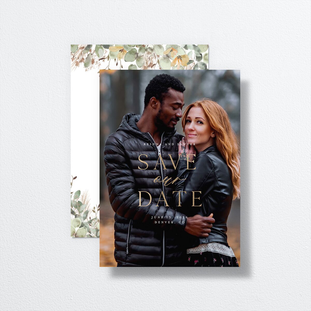 Eucalyptus Edges Save the Date Cards Gold Pure White Signature smooth No