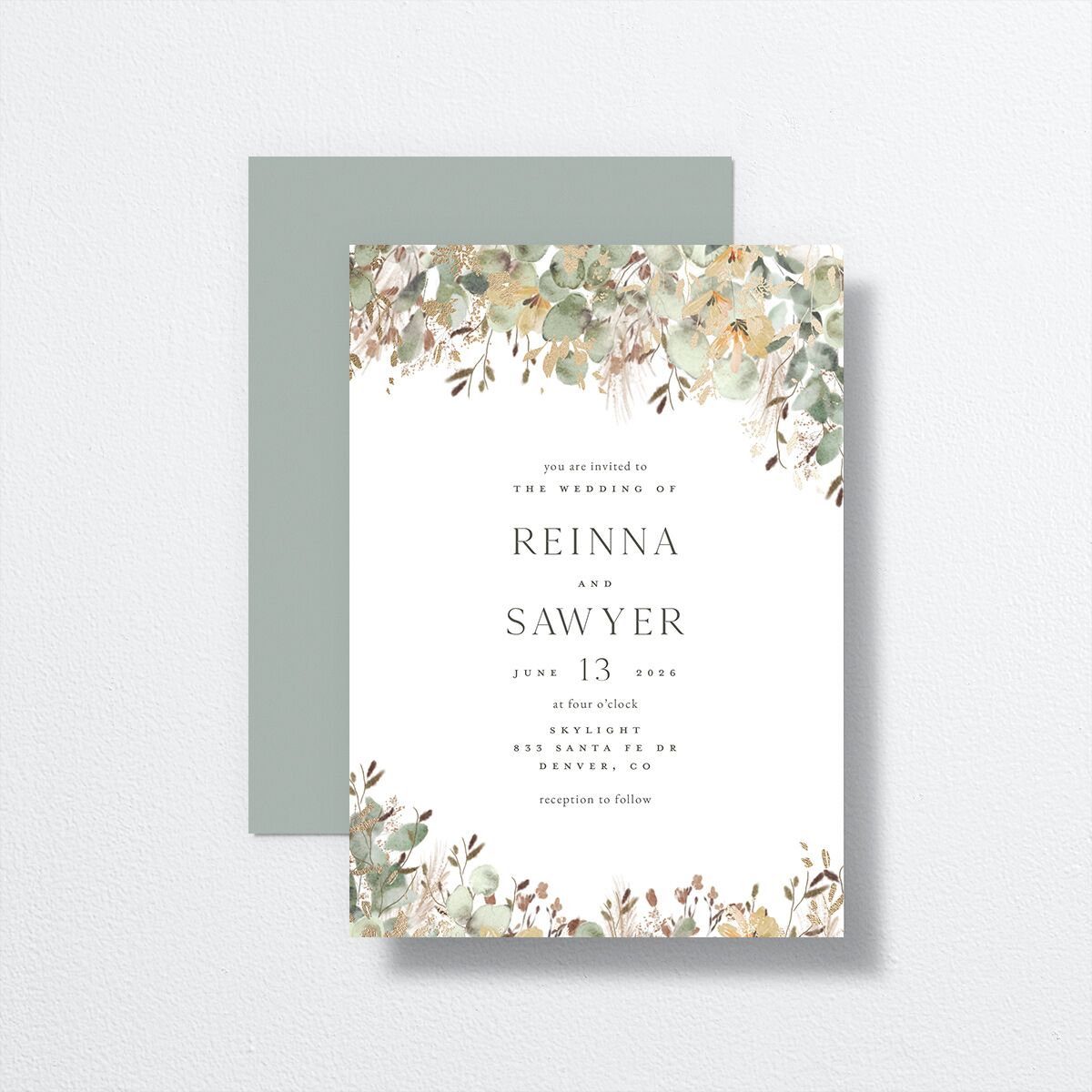 Eucalyptus Edges Wedding Invitations front-and-back in white