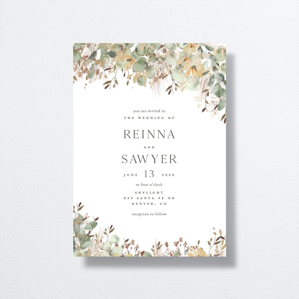 Eucalyptus Edges Wedding Invitations front in white