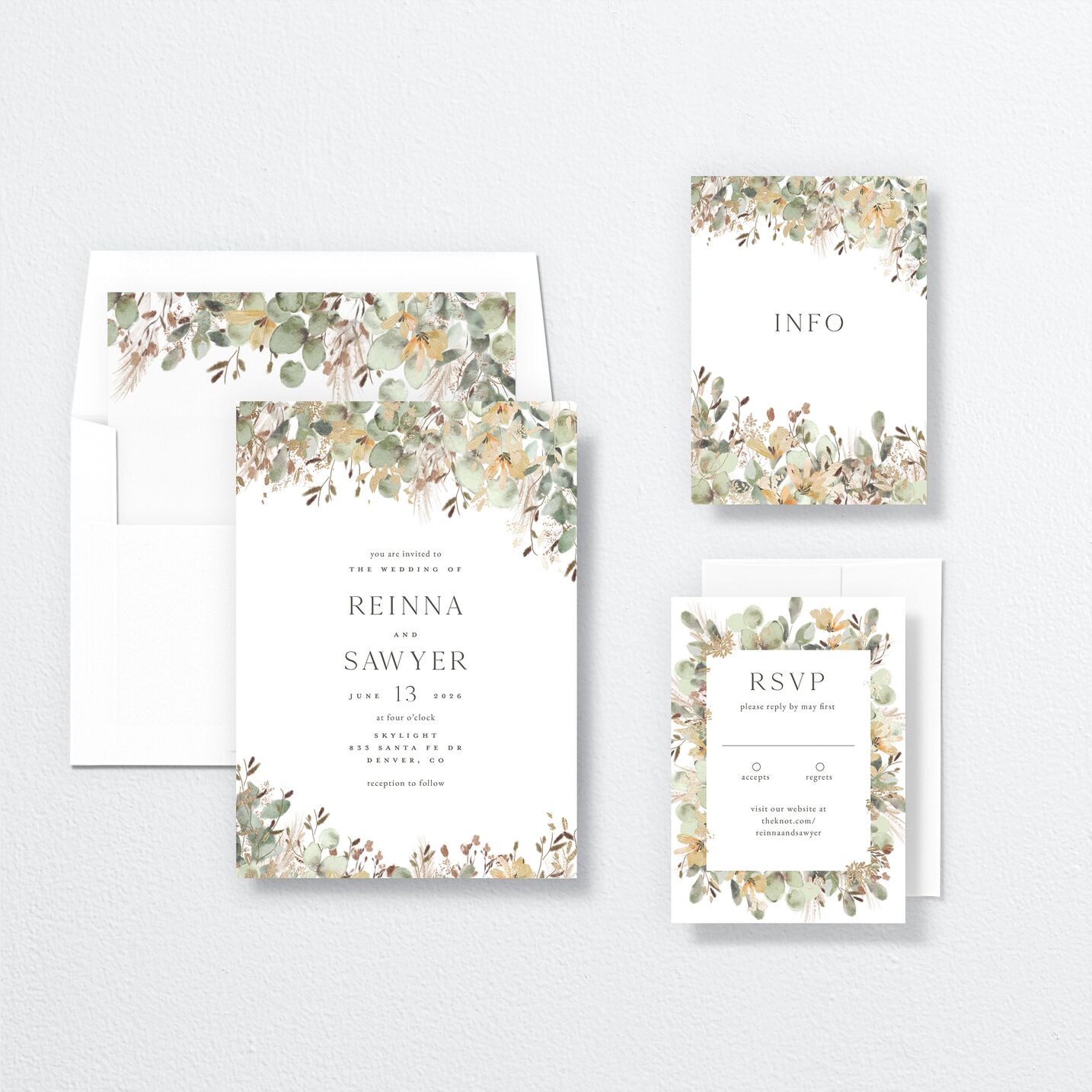Eucalyptus Edges Wedding Invitations suite in white