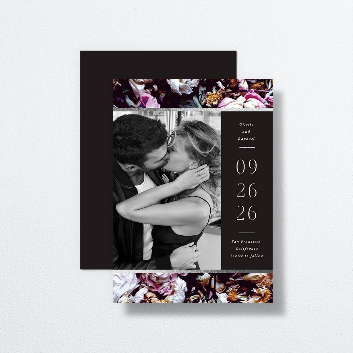 Magic Garden Save The Date Cards by Vera Wang front-and-back in purple