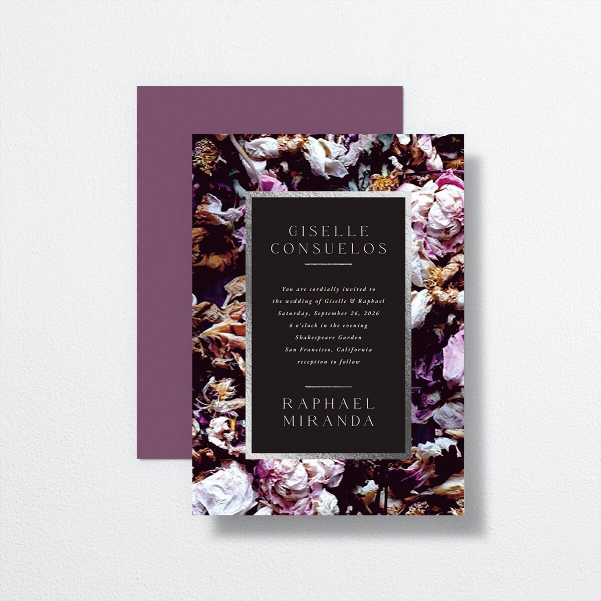 Magic Garden Wedding Invitations by Vera Wang front-and-back in purple