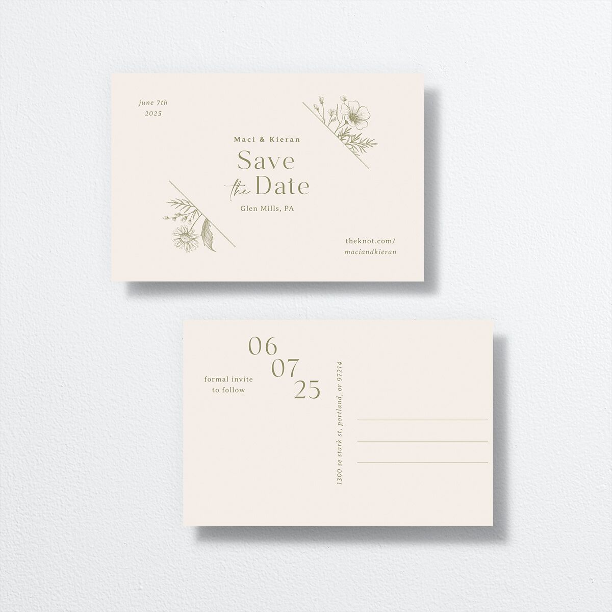 Vintage Save The Date Postcards by Vera Wang front-and-back in green