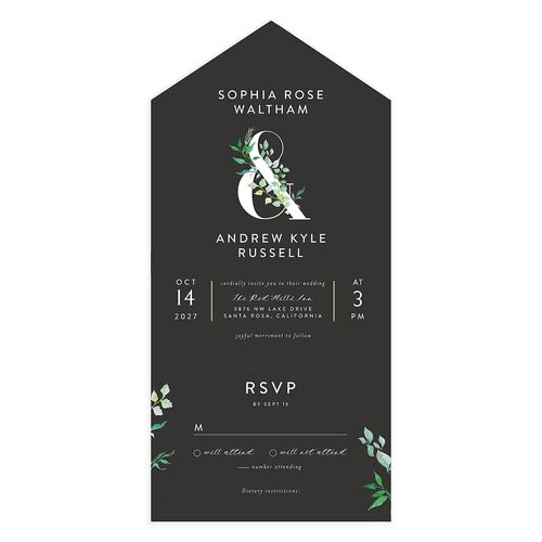 Leafy Ampersand All-in-One Wedding Invitations Charcoal Signature Light Both Recipient and Return Addresses No