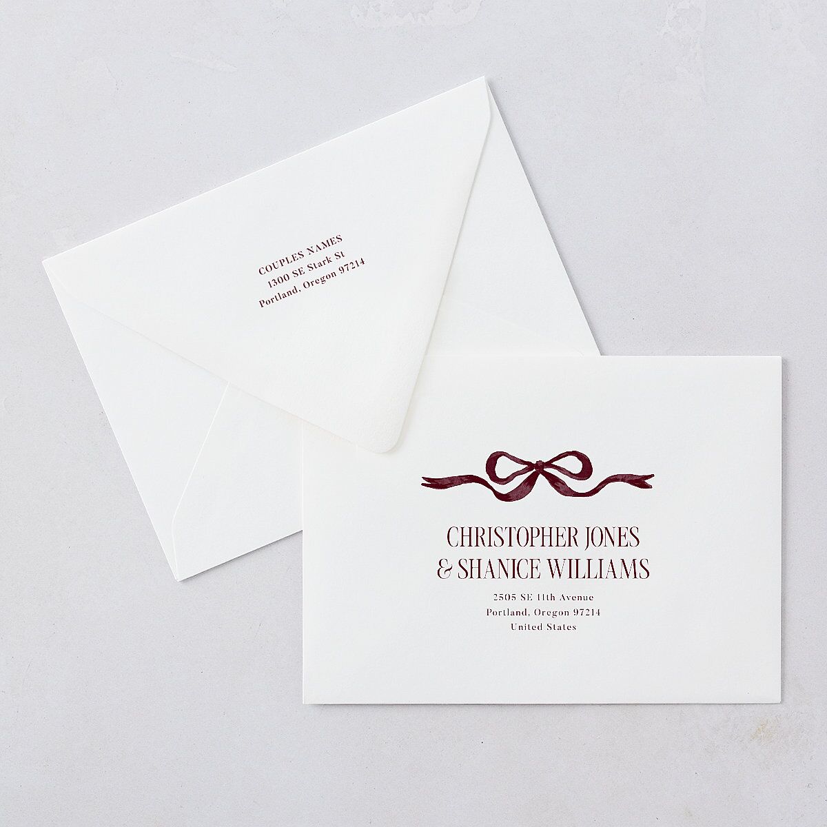 Whimsical Hand Drawn Bow Wedding Invitation Euro Envelopes White Burgundy Both Recipient and Return Addresses Luxe Signature