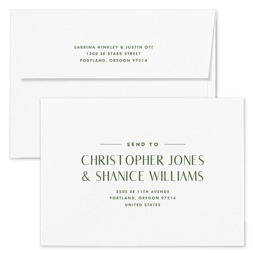 Destination Photo Poster Save The Date Card Envelopes Hunter Green Coral Shimmer Both Recipient and Return Addresses Pearlescent Standard
